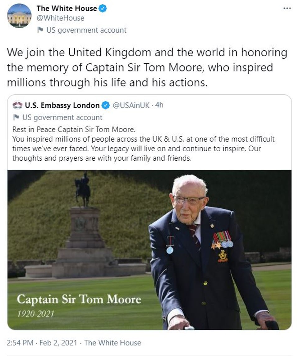 White House pays tribute to British war hero Captain Sir Tom Moore who died aged 100